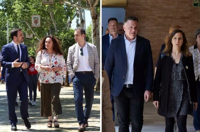 Fotomontaje con Alberto Garzón, Inmaculada Nieto y Toni Valero (IU), a la izquierda, y Juan Antonio Delgado e Ione Belarra (Podemos) a la derecha. Fuente: EP.