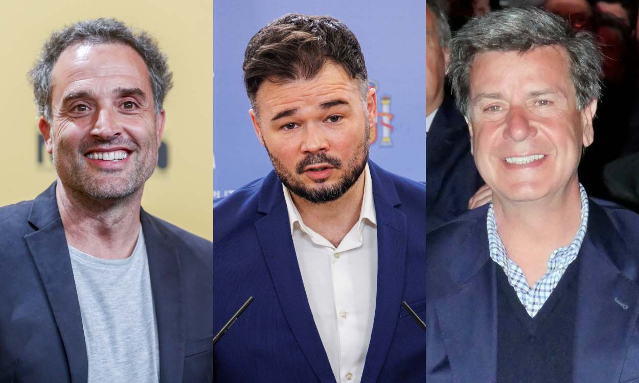 El actor Daniel Guzmán, el portavoz de ERC, Gabriel Rufián, y Cayetano Martínez de Irujo