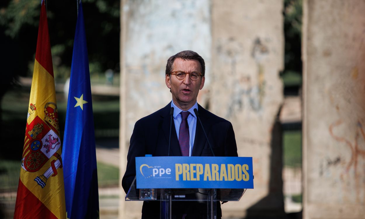 El presidente del Partido Popular, Alberto Núñez Feijóo, en un acto en conmemoración del Día de Europa. EP. 