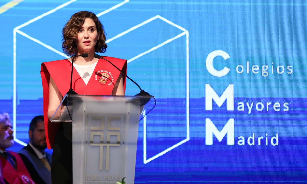 Isabel Díaz Ayuso, presidenta de la CAM, en la clausura del curso académico de los Colegios Mayores. EP