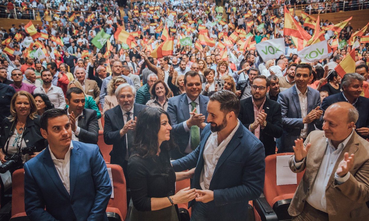 Macarena Olona y Santiago Abascal, en un mitin del partido ultra. TWITTER VOX