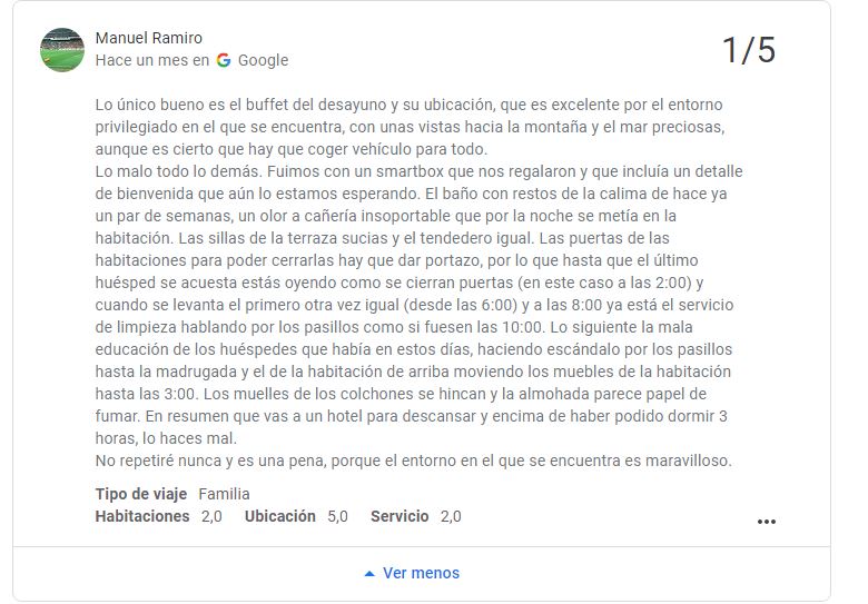 Una de las reseñas del Hotel Salobreña. Booking. Una de las reseñas del Hotel Salobreña. Booking.
