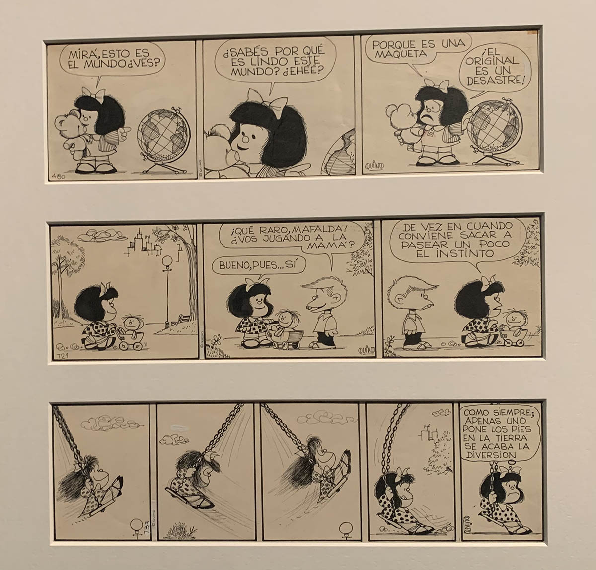 Viñetas originales de Mafalda cedidas para la exposición por la familia de Quino