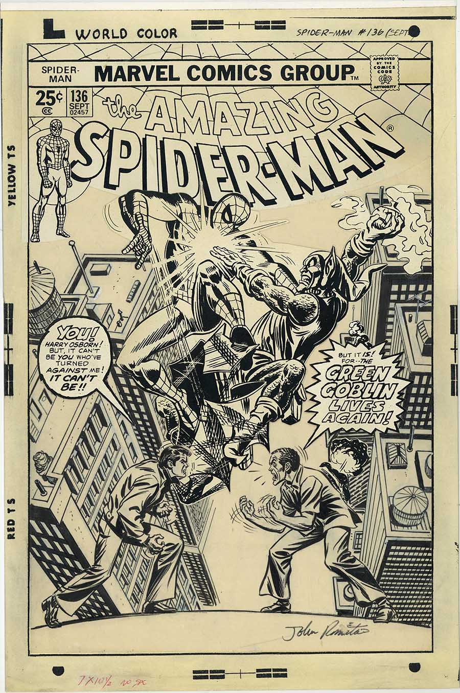 John Romita. «The Green Goblin Lives Again!» The Amazing Spider Man, n.º 136, portada definitiva, Marvel. 1974. Tinta china sobre papel 9e Art Références, París. 