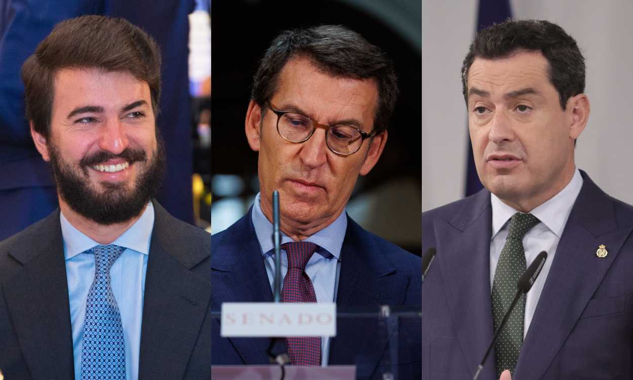 Juan García Gallardo, vicepresidente de Castilla y León, Alberto Núñez Feijóo, líder del PP, y Juanma Moreno Bonilla, presidente de la Junta de Andalucía