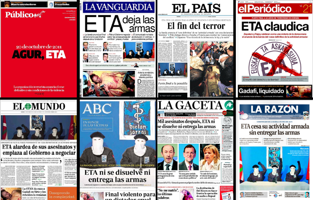 Portadas de los diarios españoles con la noticia del cese de la violencia de ETA.