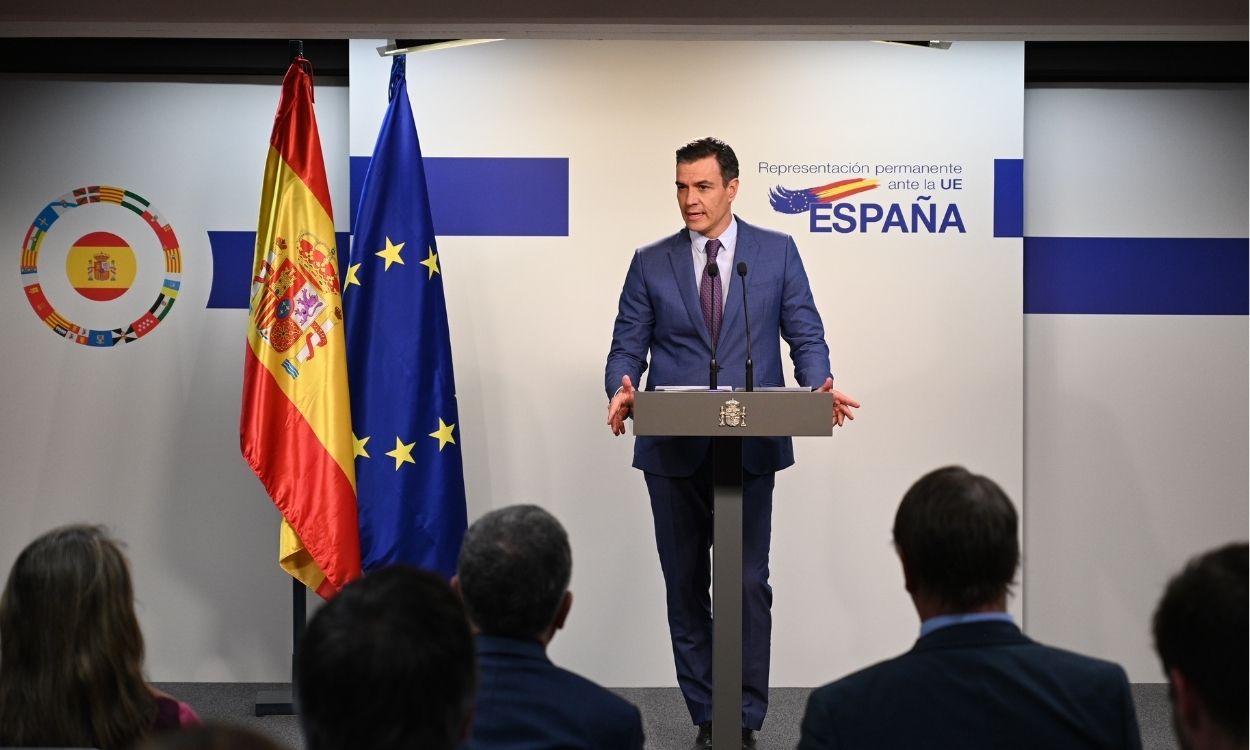 Pedro Sánchez en una rueda de prensa en Bruselas por el Consejo Europeo extraordinario. EP