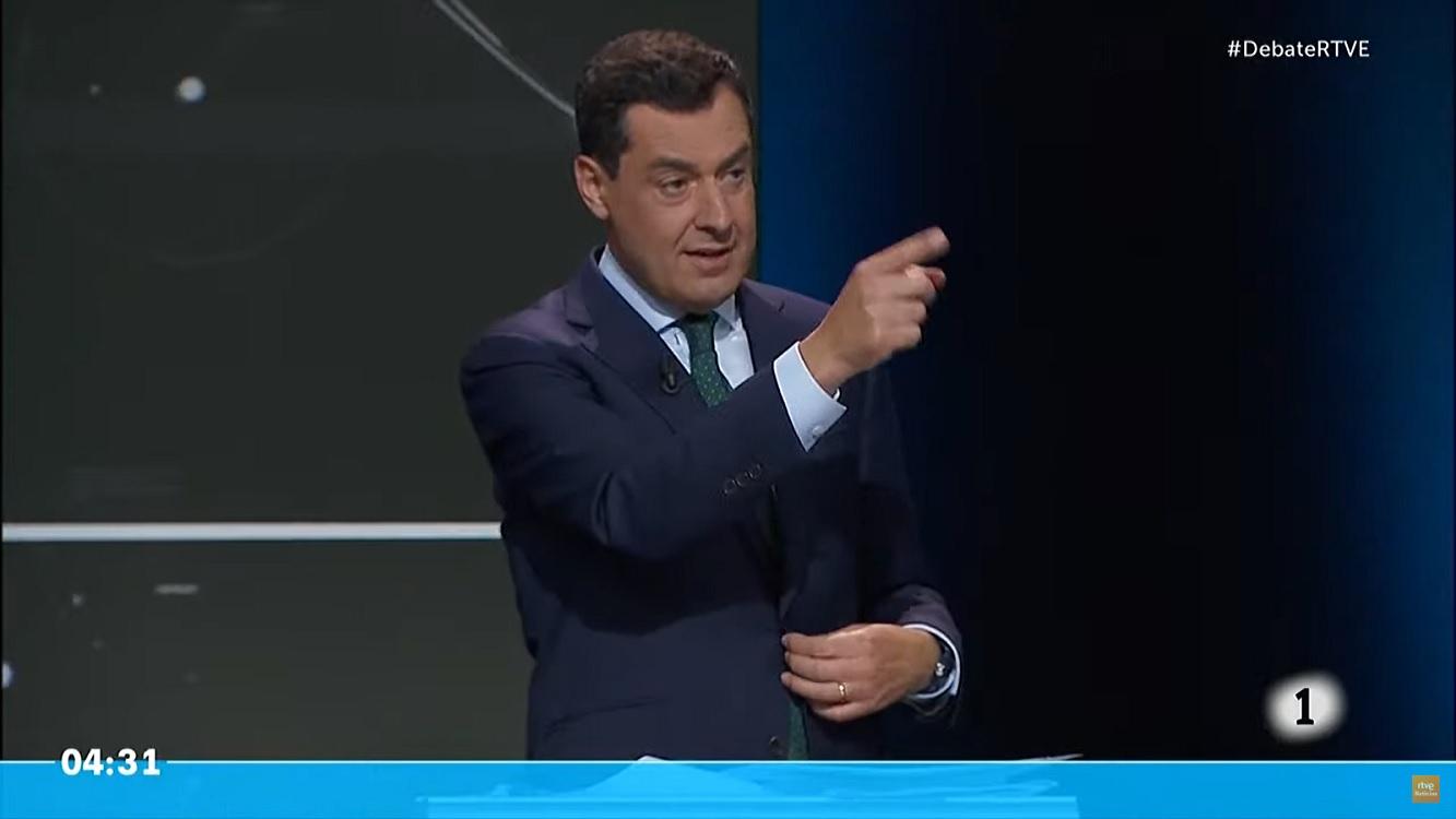 Juan Manuel Moreno Bonilla, durante el primer debate electoral de las elecciones andaluzas. Fuente: RTVE.