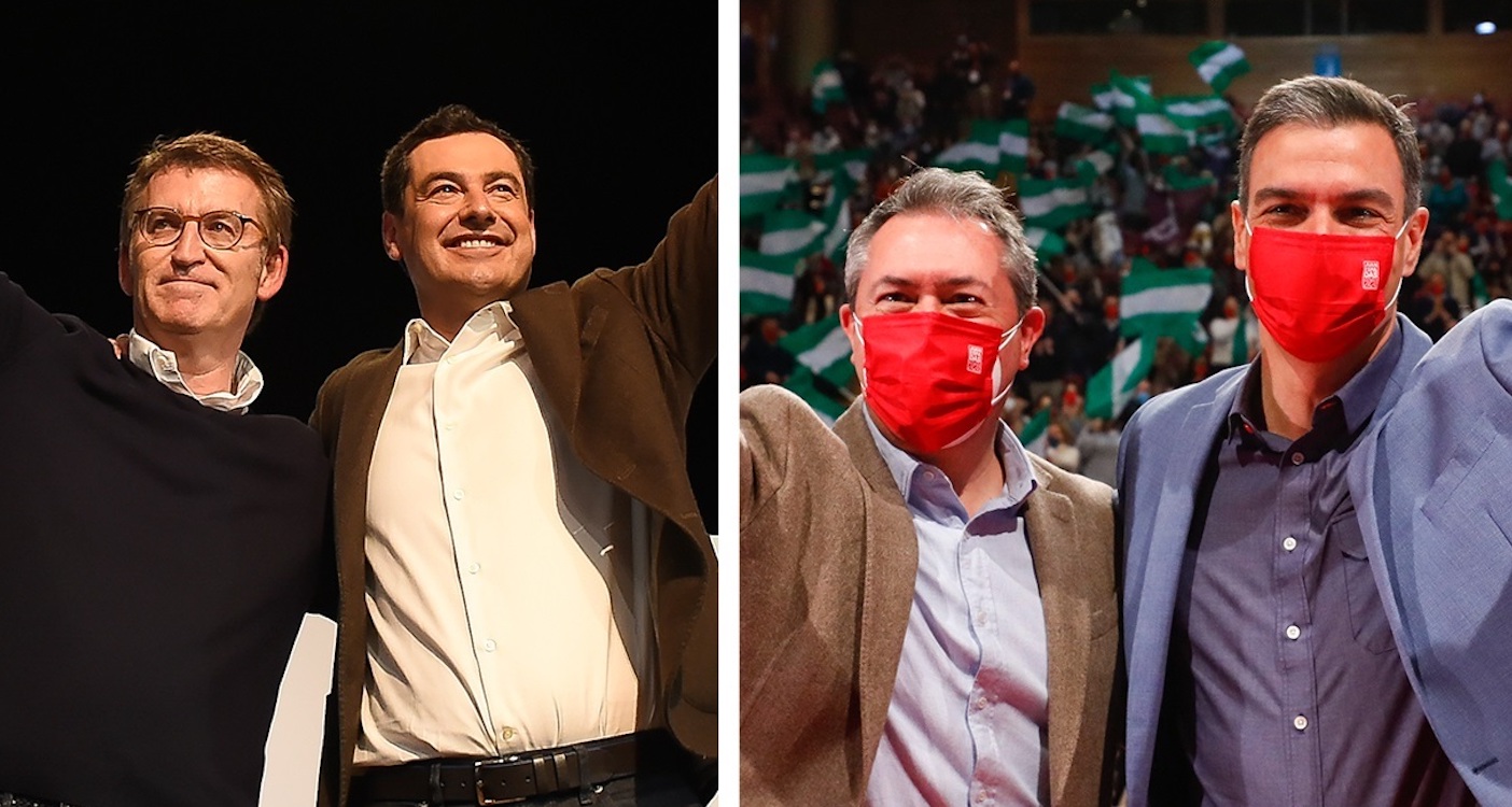 Fotomontaje con, de izquierda a derecha, los líderes del PP Alberto Núñez Feijóo y Juanma Moreno; y del PSOE Juan Espadas y Pedro Sánchez. EP