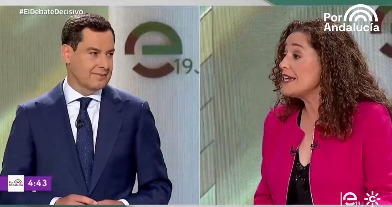 Juanma Moreno Bonilla e Inmaculada Nieto, durante el debate de este lunes en Canal Sur. Fuente: Por Andalucía.