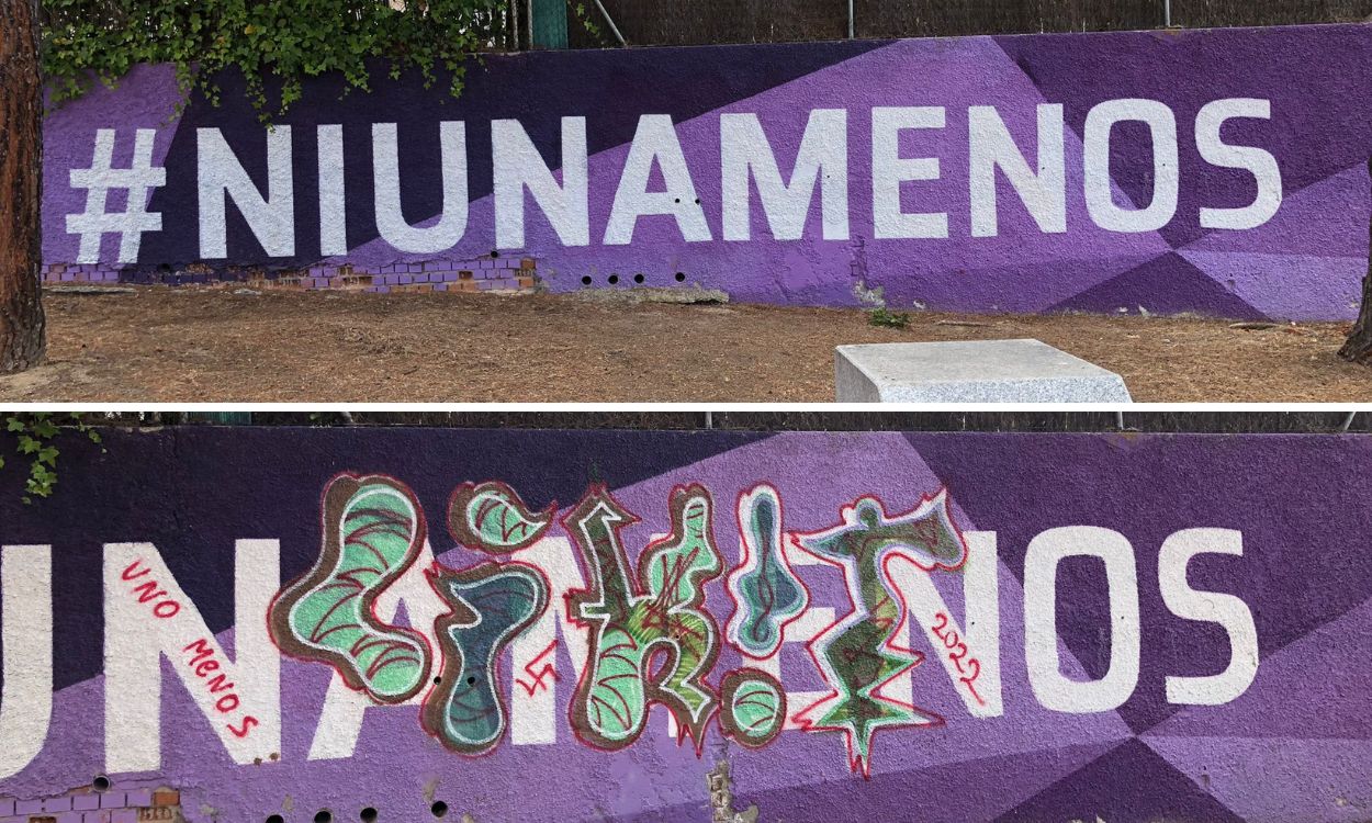 Antes y después de la vandalización del mural en homenaje a las víctimas de la violencia machista en Torrelodones