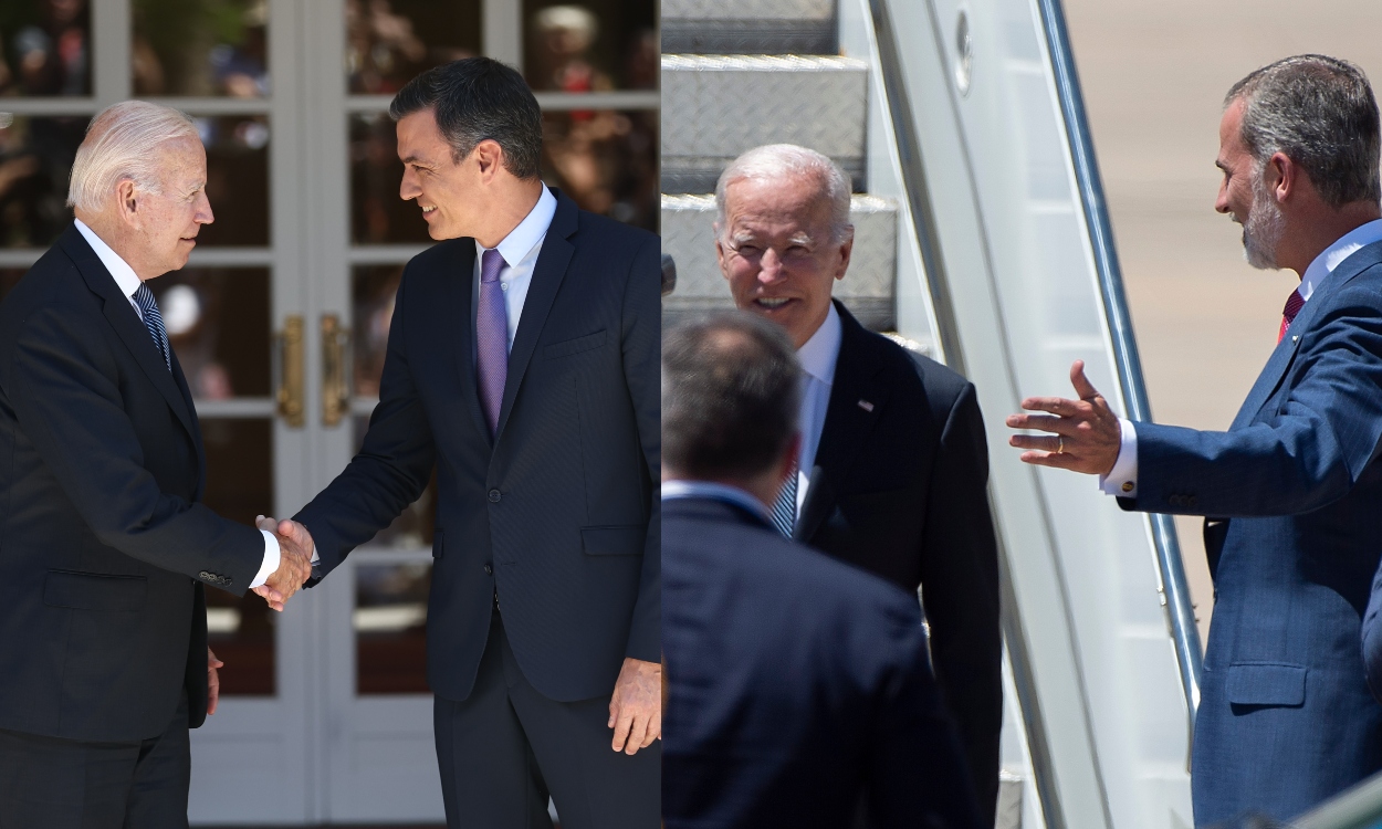 Fotomontaje con los encuentros de Joe Biden con Pedro Sánchez y Felipe VI. Elaboración propia / EP.