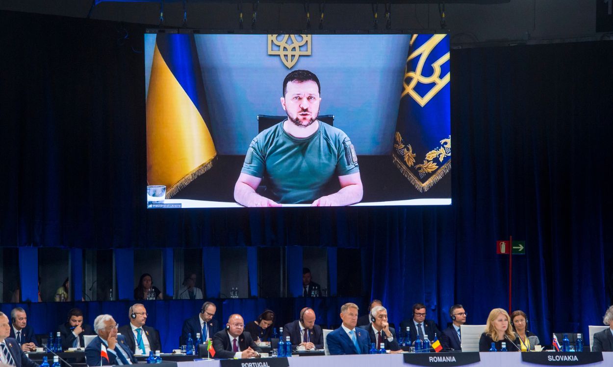 El presidente ucraniano, Volodímir Zelenski, durante su intervención en la Cumbre de la OTAN en Madrid. EP.