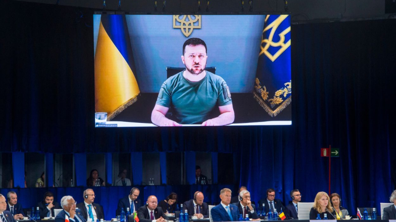 El presidente ucraniano, Volodímir Zelenski, durante su intervención en la Cumbre de la OTAN en Madrid. EP.