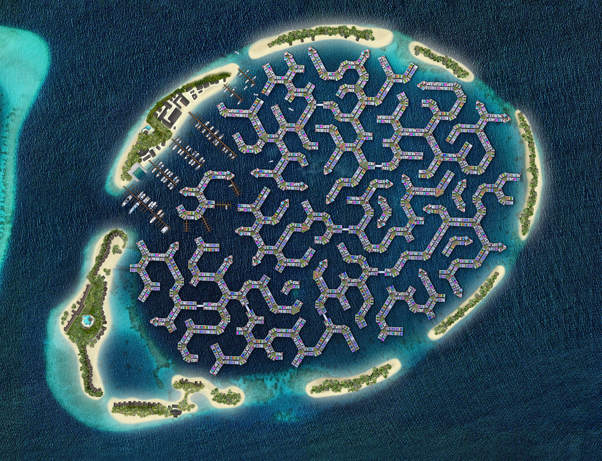 Ciudad flotante de las Maldivas desde arriba. Maldives Floating City.