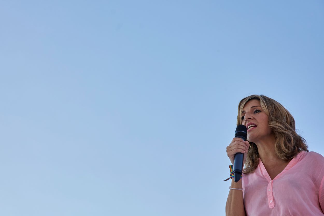 La vicepresidenta segunda, Yolanda Díaz, durante el primer acto de Sumar, en Madrid. JESÚS HELLÍN/EP