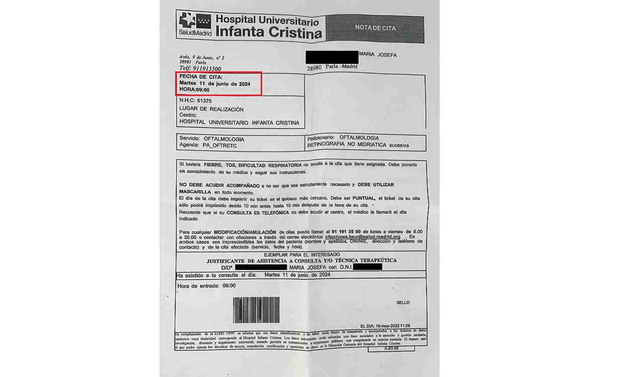 Cita sanitaria en el Hospital Infanta Cristina de Madrid para junio de 2024 Cita sanitaria en el Hospital Infanta Cristina de Madrid para junio de 2024