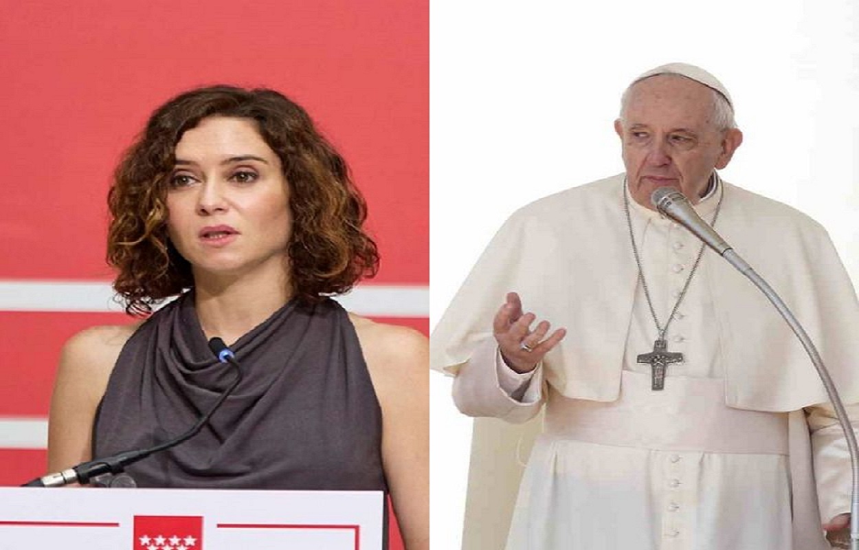 La presidenta de la Comunidad de Madrid, Isabel Díaz Ayuso y el Papa Francisco. Montaje realizado con Canva