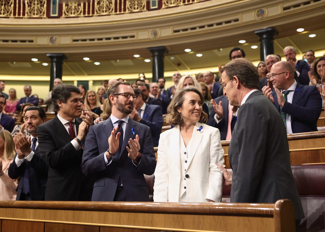 El portavoz del Partido Popular en el Senado, Javier Maroto; la secretaria general y portavoz del PP, Cuca Gamarra, y el presidente del PP, Alberto Núñez Feijóo. EP.