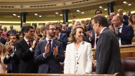 El portavoz del Partido Popular en el Senado, Javier Maroto; la secretaria general y portavoz del PP, Cuca Gamarra, y el presidente del PP, Alberto Núñez Feijóo. EP.