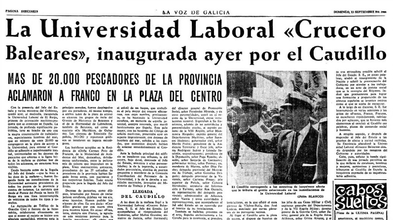 Recorte de prensa de La Voz de Galicia sobre la inauguración de la universidad laboral