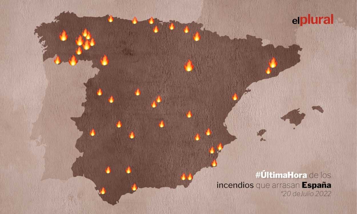 Mapa de incendios activos en España a 20 de julio 2022