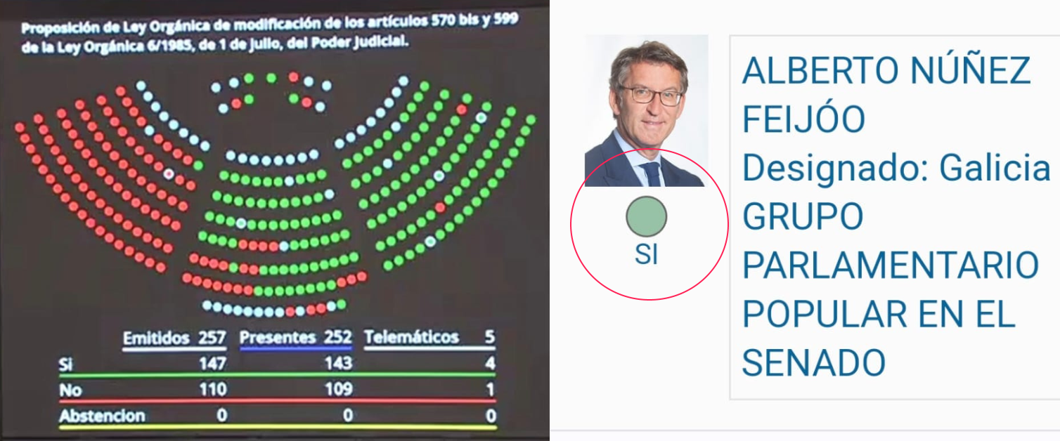 Alberto Núñez Feijóo se equivoca al votar en el Senado