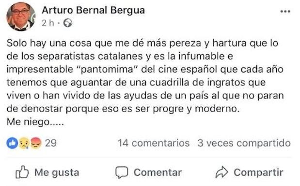 Publicación del nuevo consejero de Cultura de Moreno Bonilla, Arturo Bernal, sobre los Goya en 2018. Facebook