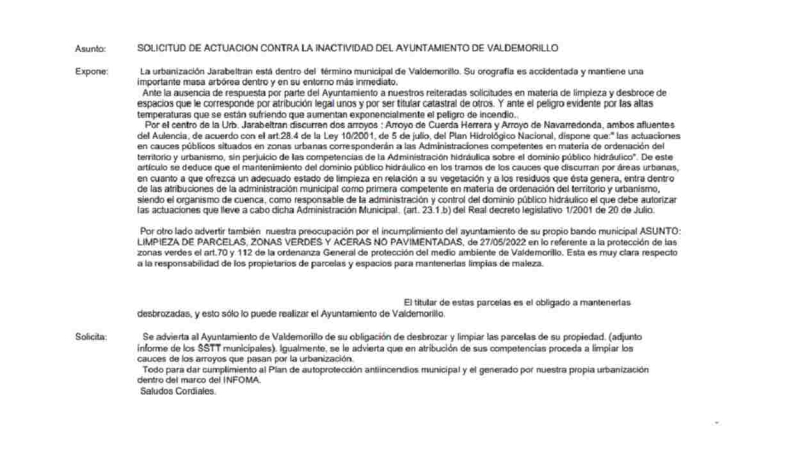 Parte del registro presentado por la Urbanización Jarabeltrán de Valdemorillo para la limpieza de la zona