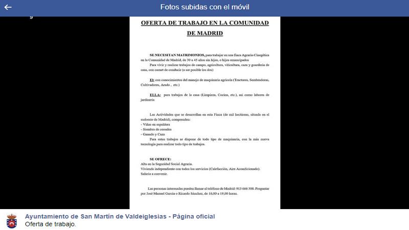 Captura de pantalla oferta de trabajo Facebook Captura de pantalla oferta de trabajo Facebook