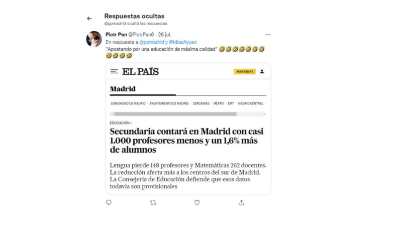 Captura de una crítica oculta por el PP de Madrid. Twitter