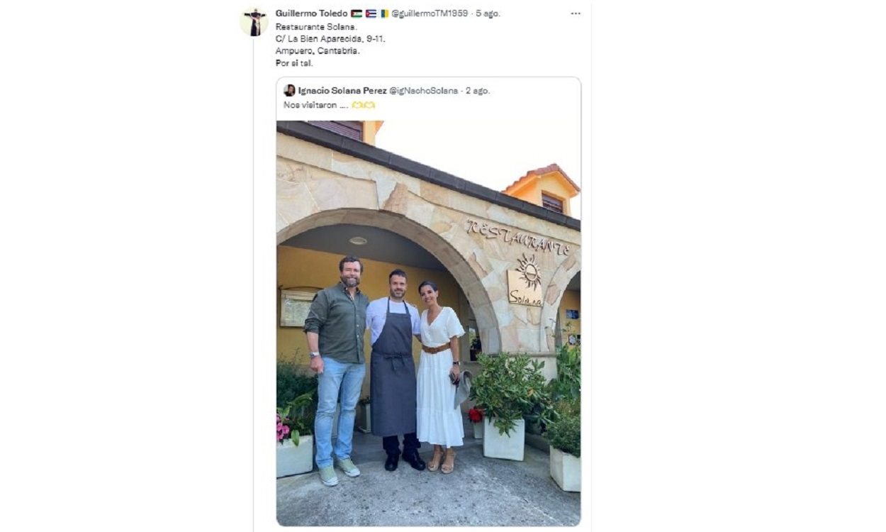 Tuit de Willy Toledo sobre la presencia de Espinosa de los Monteros y Monasterio en el Restaurante Solana. Twitter