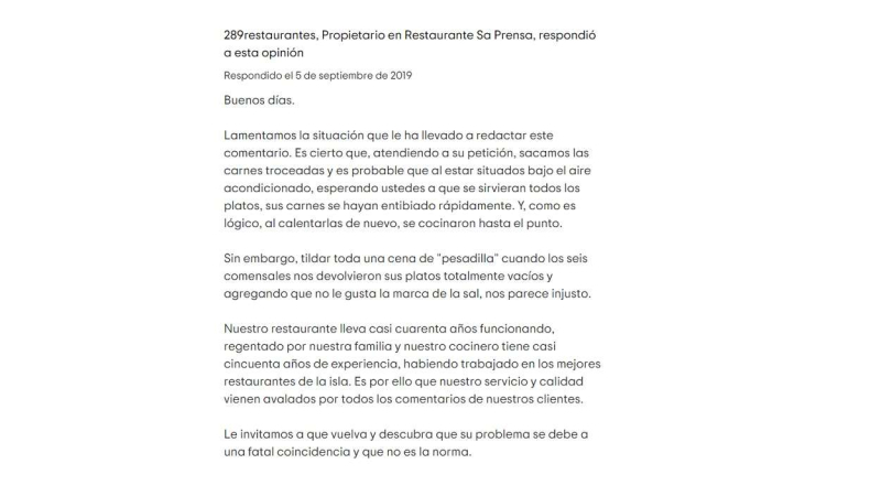 El restaurante Sa Prensa triunfa con su respuesta a una reseña negativa. Tripadvisor