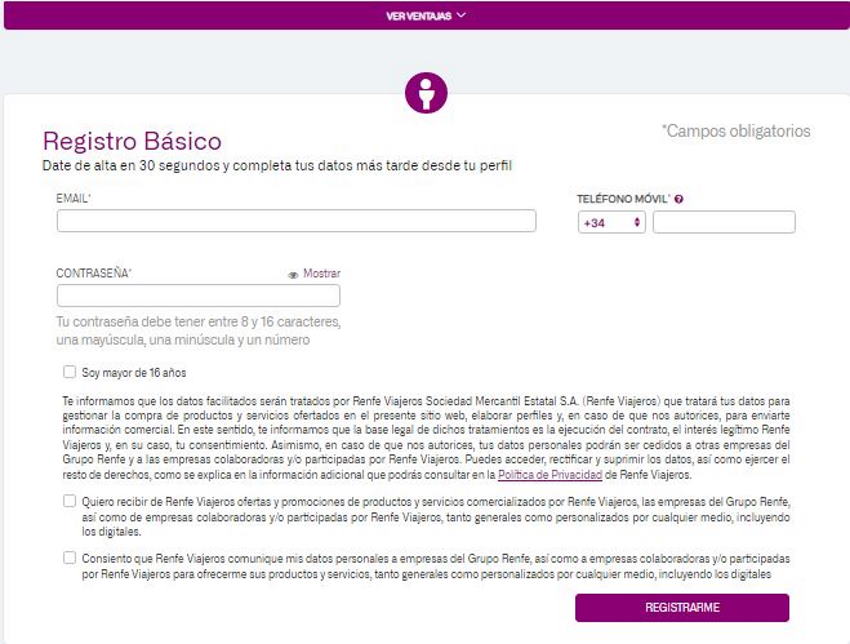 Registro en la web de Renfe