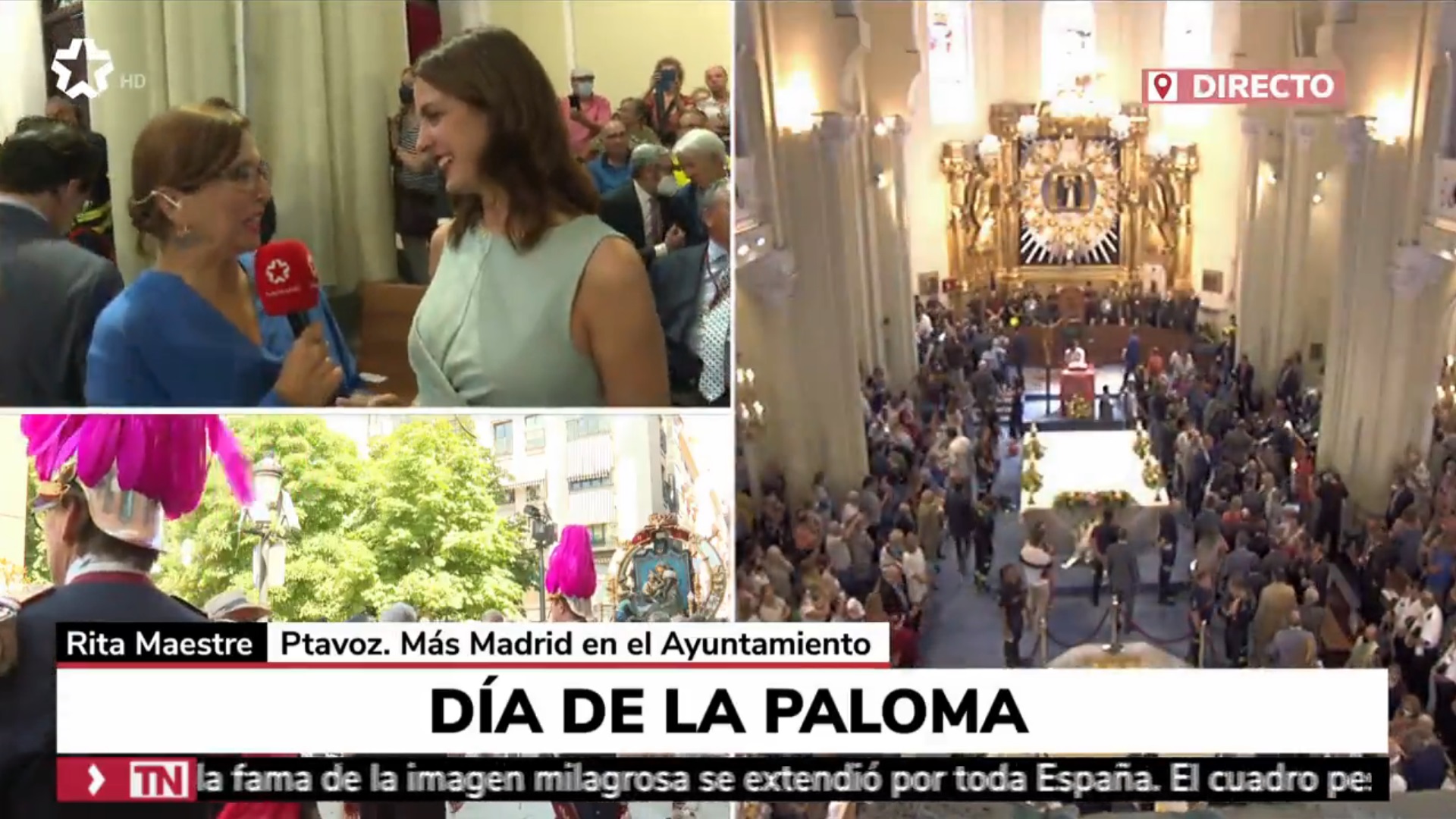 María López entrevista a Rita Maestre en la misa en honor a la Virgen de la Paloma. Telemadrid.