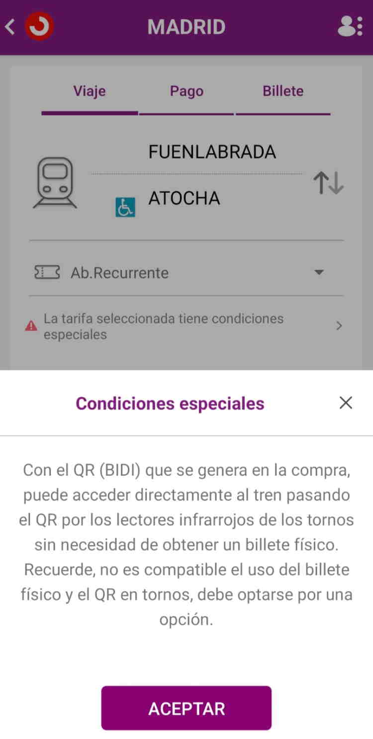 Aviso emitido por la aplicación de Renfe sobre el QR