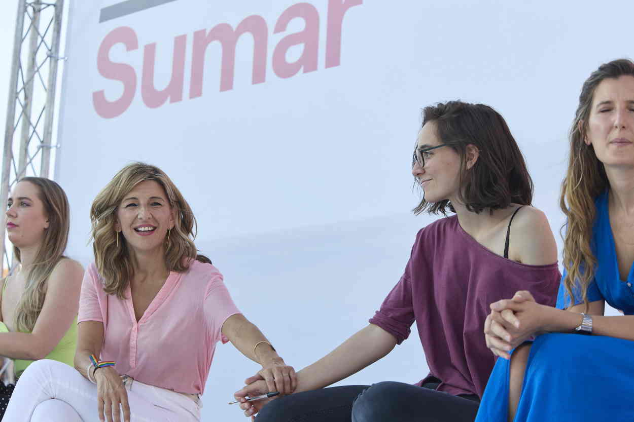 La vicepresidenta segunda y ministra de Trabajo, Yolanda Díaz, durante el primer acto de Sumar, en Matadero, Madrid. EP