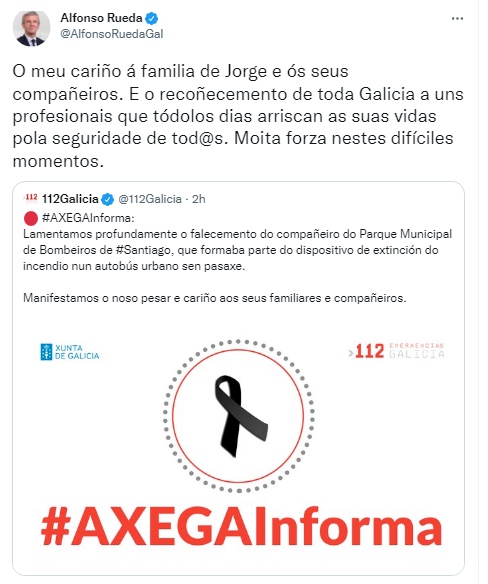 El presidente de la Xunta, Alfonso Rueda, mostró sus condolencias a través de las redes sociales (Foto: Twitter). El presidente de la Xunta, Alfonso Rueda, mostró sus condolencias a través de las redes sociales (Foto: Twitter).