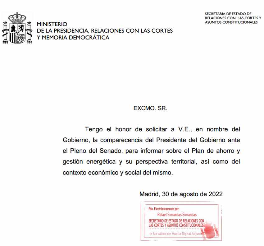 Imagen de la solicitud de Pedro Sánchez de comparecer en el Senado