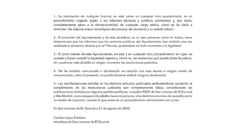 Extracto del comunicado de Carlota López, alcaldesa de San Lorenzo de El Escorial