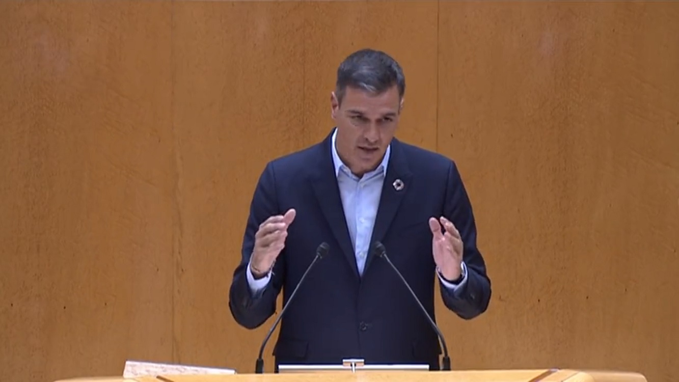 El presidente del Gobierno, Pedro Sánchez, durante su comparecencia este martes en el Senado. 
