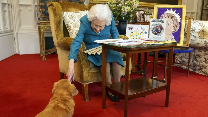 Isabel II con uno de sus corgis en el Palacio de Buckingham. EP.