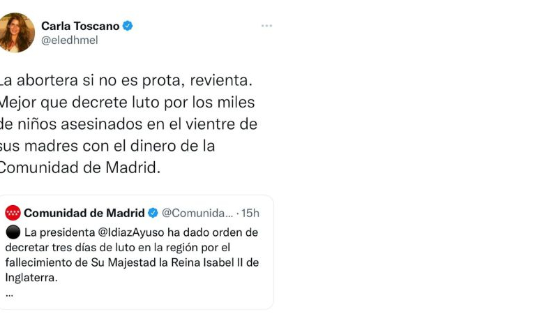 La diputada de Vox Carla Toscano carga contra Ayuso en Twitter. La diputada de Vox Carla Toscano carga contra Ayuso en Twitter.