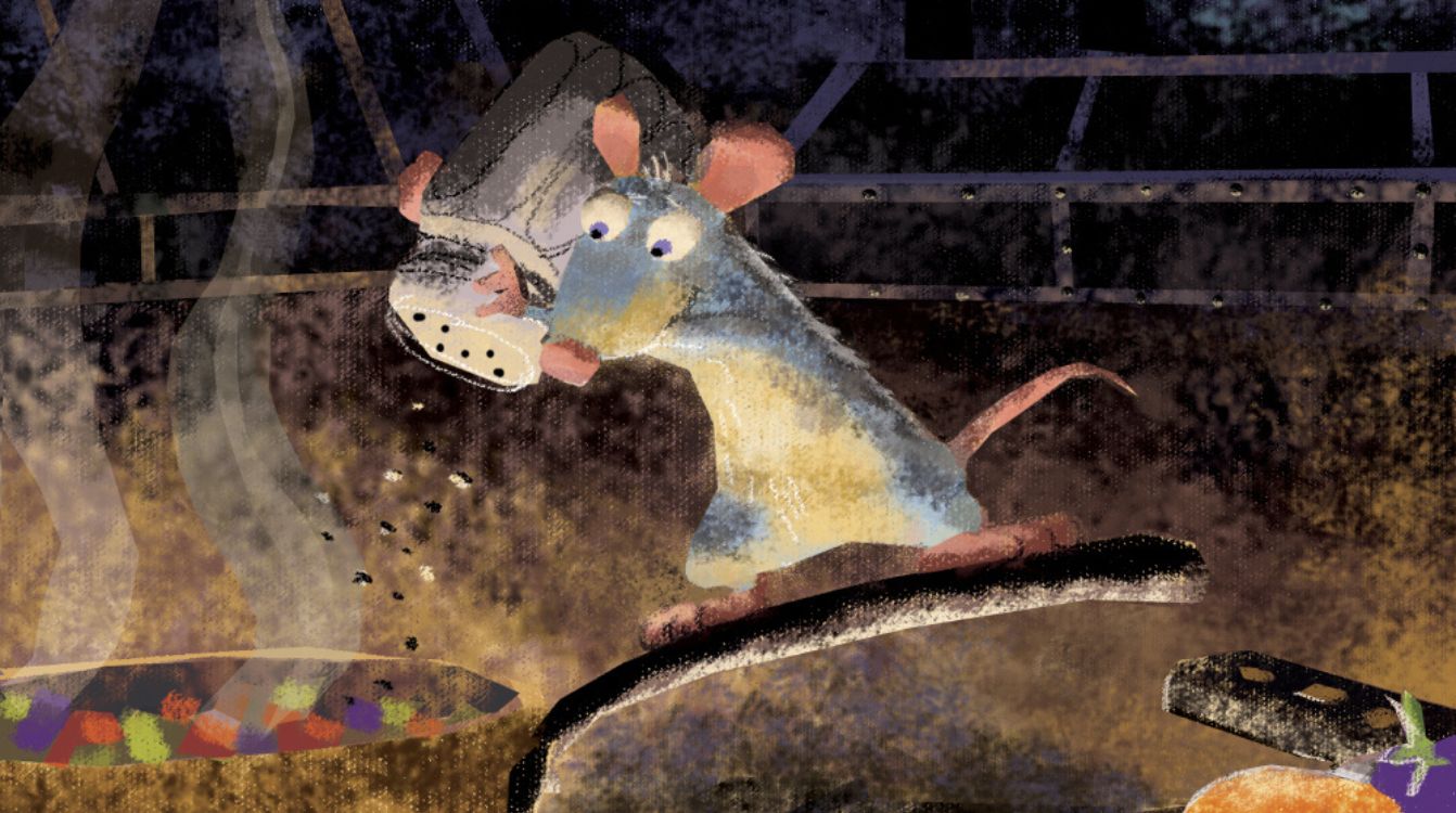 Harley Jessup, layout de Enrico Casarosa. Estudio de paleta de color Remy prepara una ratatouille. Ratatouille, 2007. Pintura digital. © Pixar