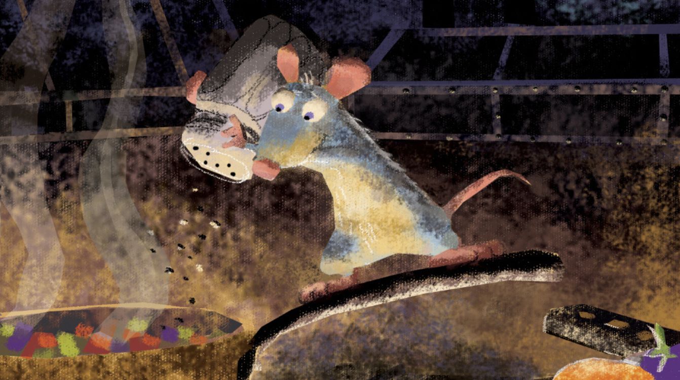 Harley Jessup, layout de Enrico Casarosa. Estudio de paleta de color Remy prepara una ratatouille. Ratatouille, 2007. Pintura digital. © Pixar