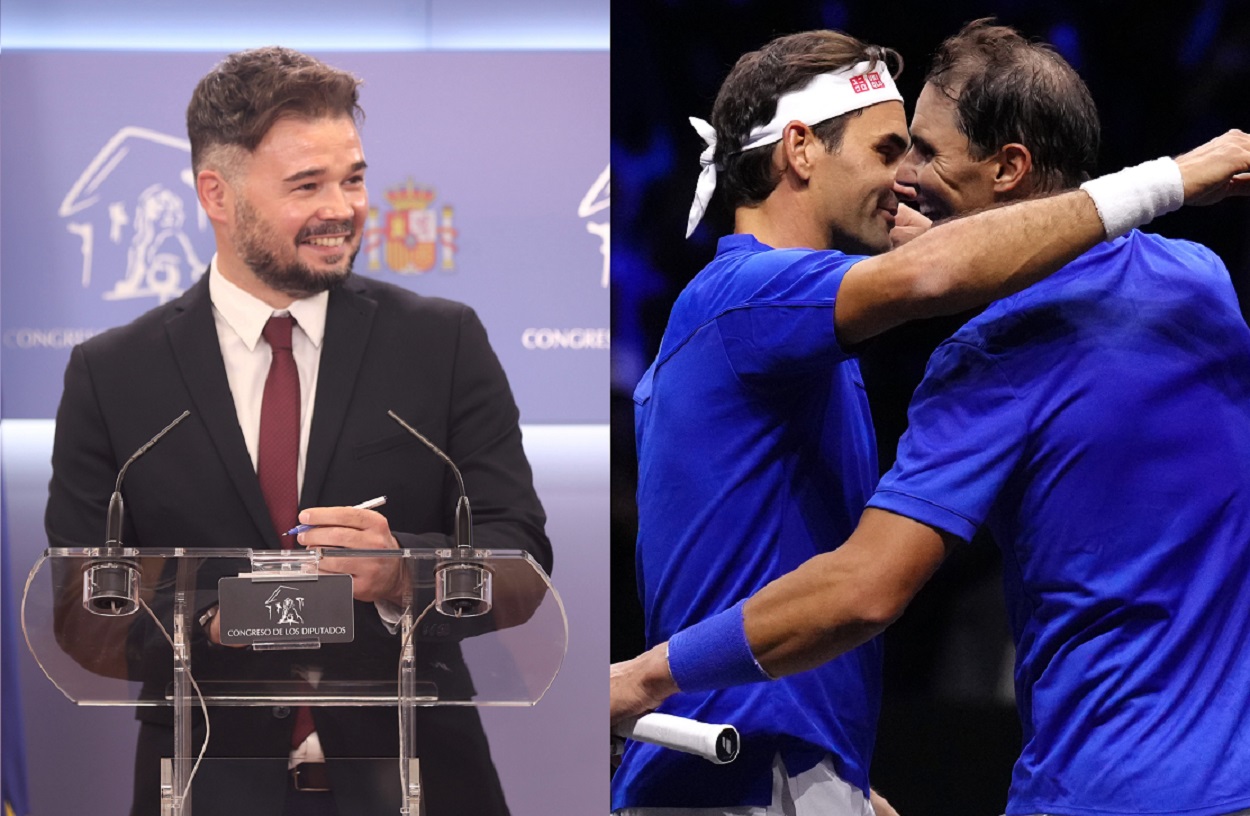 Gabriel Rufián en una foto de archivo y Rafa Nadal y Roger Federer en la despedida del suizo. EP
