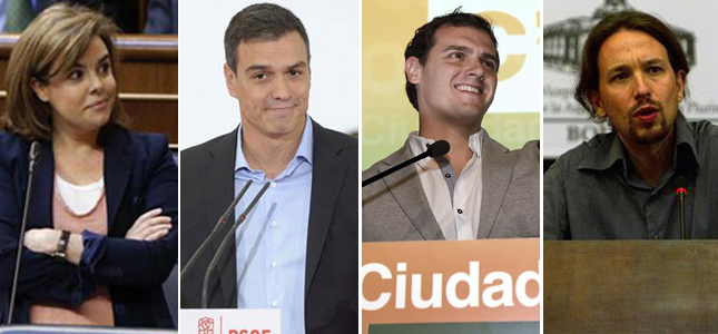 Los protagonistas del primer debate a cuatro: Soraya Sáenz de Santamaría, Pedro Sánchez, Albert Rivera y Pablo Iglesias
