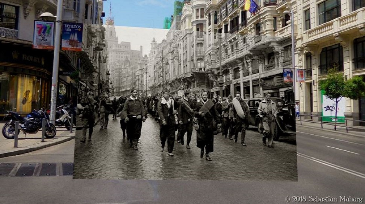 Montaje de Sebastian Maharg con imágenes del Madrid actual y del de la Guerra Civil. Foto recuperado de 'Verne'.