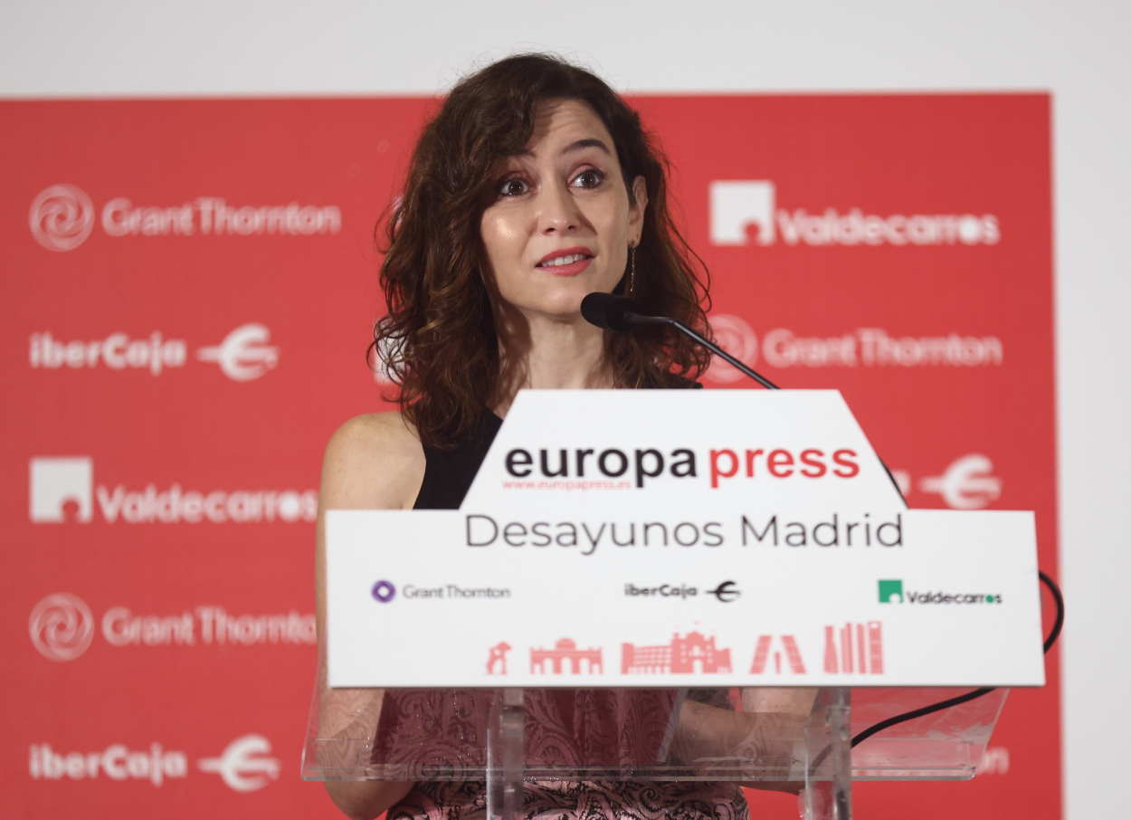 La presidenta de la Comunidad de Madrid, Isabel Díaz Ayuso, en un desayuno informativo organizado por Europa Press. EP.