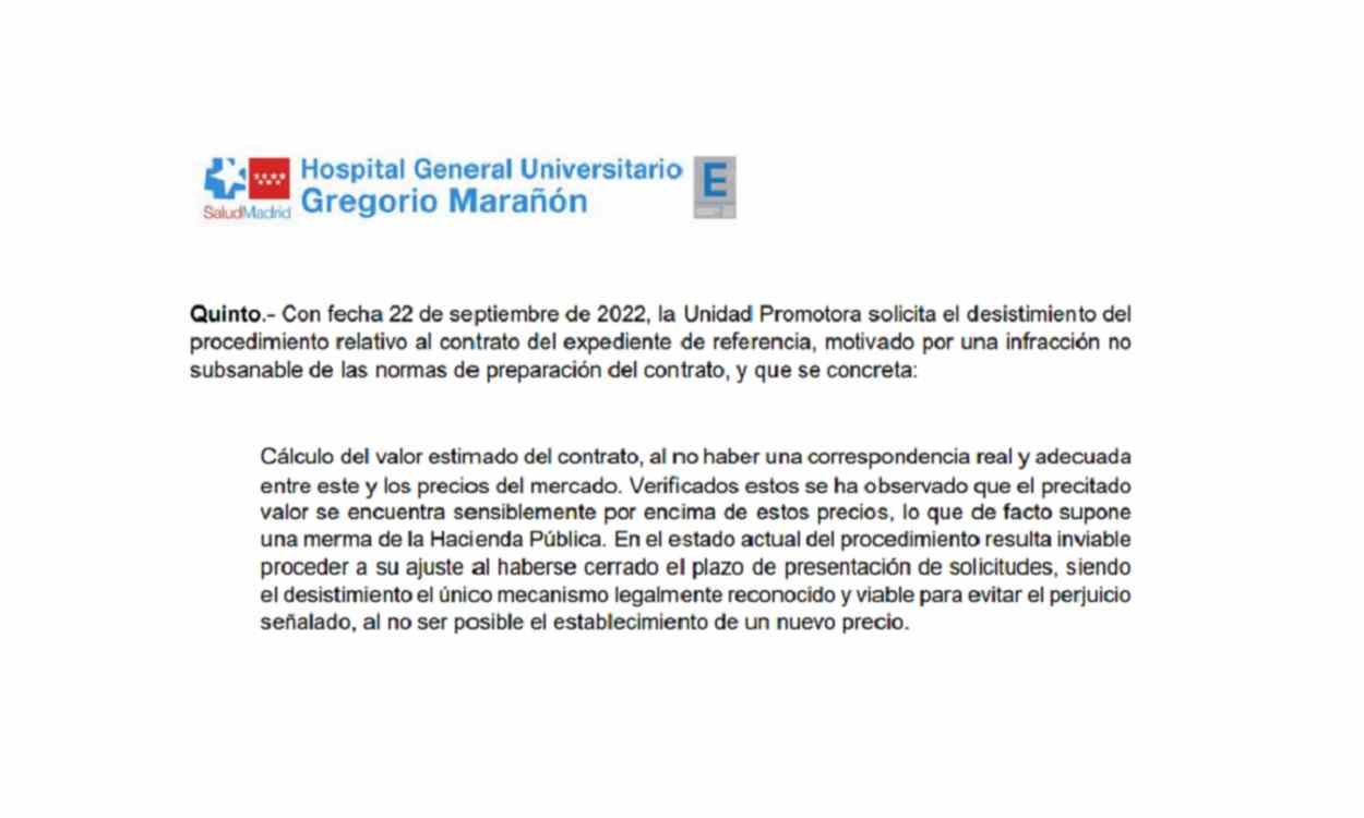 Captura de la resolución de desistimiento de los tres contratos del Hospital Gregorio Marañón